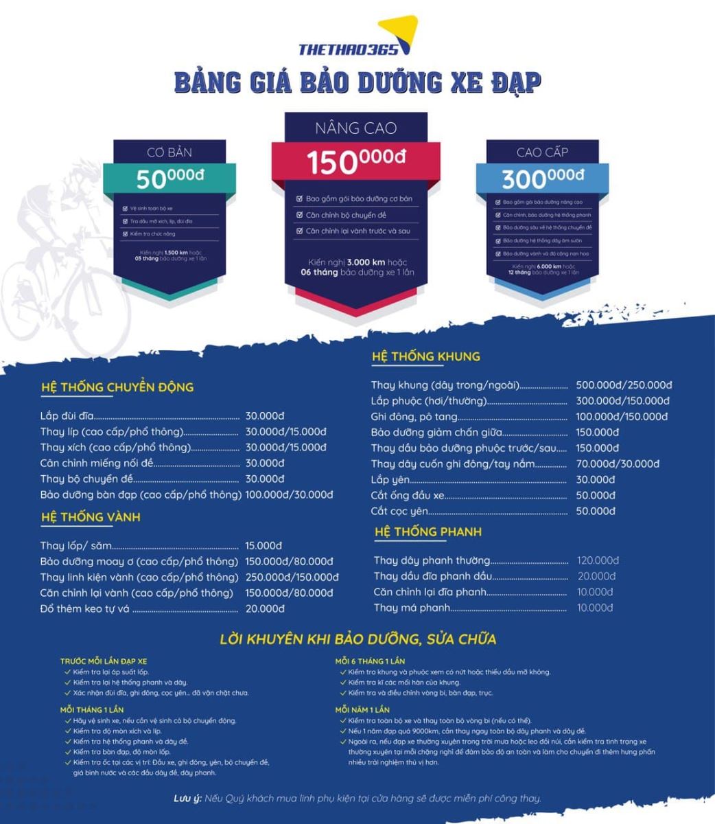Bảng giá bảo trì xe đạp